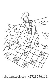 Ilustración vectorial dibujada a mano de un trabajador de la construcción que instala el azulejo del piso con la herramienta en el interior del sitio de construcción. El concepto representa mano de obra calificada, proceso de renovación y profesión de trabajo manual