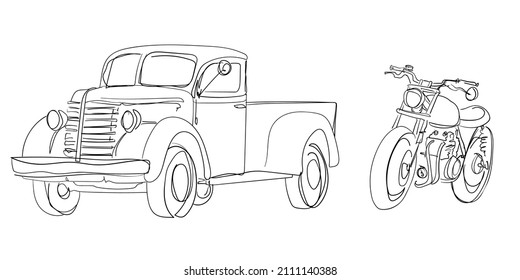 Hand drawn vector illustration. Contour of vintage transport pickup and motorcycle.