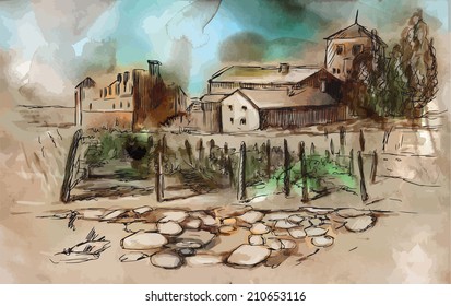 An hand drawn vector illustration (converted): Vintage picture, Somewhere in France (French countryside and small vineyards)