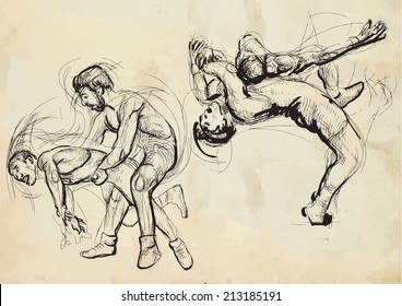 An hand drawn vector illustration (converted) from series Martial Arts: GRECO-ROMAN WRESTLING (Greco-Roman Wrestling is a style of wrestling that is practiced worldwide).