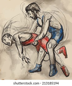 An hand drawn vector illustration (converted) from series Martial Arts: GRECO-ROMAN WRESTLING (Greco-Roman Wrestling is a style of wrestling that is practiced worldwide).