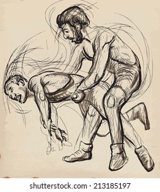 An hand drawn vector illustration (converted) from series Martial Arts: GRECO-ROMAN WRESTLING (Greco-Roman Wrestling is a style of wrestling that is practiced worldwide).