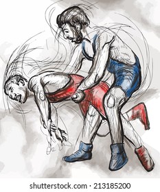 An hand drawn vector illustration (converted) from series Martial Arts: GRECO-ROMAN WRESTLING (Greco-Roman Wrestling is a style of wrestling that is practiced worldwide).