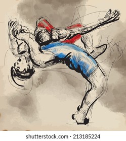 An hand drawn vector illustration (converted) from series Martial Arts: GRECO-ROMAN WRESTLING (Greco-Roman Wrestling is a style of wrestling that is practiced worldwide).