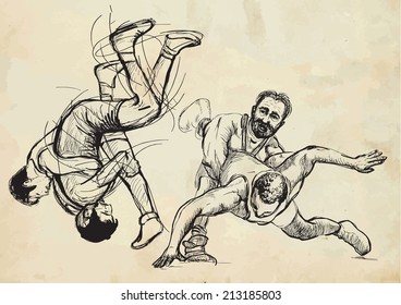 An hand drawn vector illustration (converted) from series Martial Arts: GRECO-ROMAN WRESTLING (Greco-Roman Wrestling is a style of wrestling that is practiced worldwide).