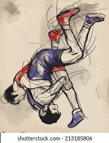 An hand drawn vector illustration (converted) from series Martial Arts: GRECO-ROMAN WRESTLING (Greco-Roman Wrestling is a style of wrestling that is practiced worldwide).