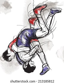 An hand drawn vector illustration (converted) from series Martial Arts: GRECO-ROMAN WRESTLING (Greco-Roman Wrestling is a style of wrestling that is practiced worldwide).