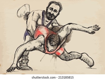 An hand drawn vector illustration (converted) from series Martial Arts: GRECO-ROMAN WRESTLING (Greco-Roman Wrestling is a style of wrestling that is practiced worldwide).