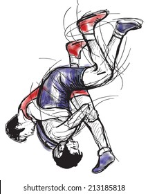 An hand drawn vector illustration (converted) from series Martial Arts: GRECO-ROMAN WRESTLING (Greco-Roman Wrestling is a style of wrestling that is practiced worldwide).