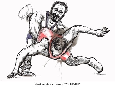 An hand drawn vector illustration (converted) from series Martial Arts: GRECO-ROMAN WRESTLING (Greco-Roman Wrestling is a style of wrestling that is practiced worldwide).