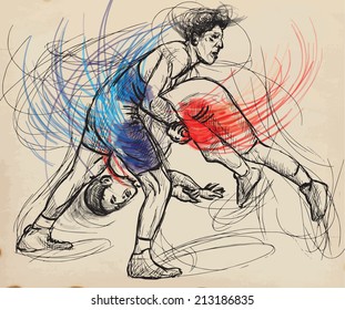 An hand drawn vector illustration (converted) from series Martial Arts: GRECO-ROMAN WRESTLING (Greco-Roman Wrestling is a style of wrestling that is practiced worldwide).