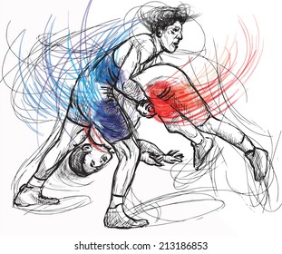 An hand drawn vector illustration (converted) from series Martial Arts: GRECO-ROMAN WRESTLING (Greco-Roman Wrestling is a style of wrestling that is practiced worldwide).