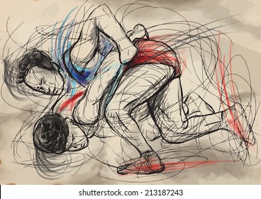 An hand drawn vector illustration (converted) from series Martial Arts: GRECO-ROMAN WRESTLING (Greco-Roman Wrestling is a style of wrestling that is practiced worldwide).