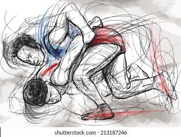 An hand drawn vector illustration (converted) from series Martial Arts: GRECO-ROMAN WRESTLING (Greco-Roman Wrestling is a style of wrestling that is practiced worldwide).