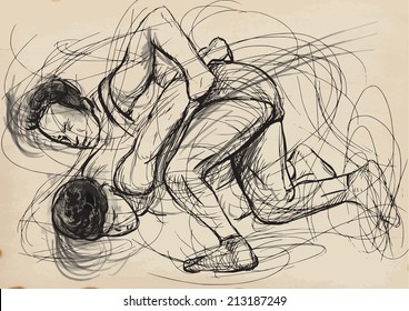 An hand drawn vector illustration (converted) from series Martial Arts: GRECO-ROMAN WRESTLING (Greco-Roman Wrestling is a style of wrestling that is practiced worldwide).