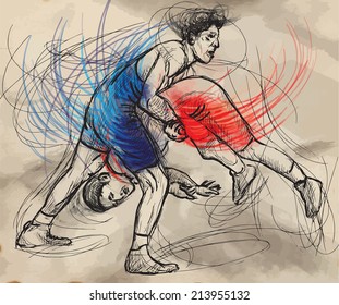 An hand drawn vector illustration (converted) from series Martial Arts: GRECO-ROMAN WRESTLING (Greco-Roman Wrestling is a style of wrestling that is practiced worldwide).