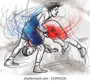 An hand drawn vector illustration (converted) from series Martial Arts: GRECO-ROMAN WRESTLING (Greco-Roman Wrestling is a style of wrestling that is practiced worldwide).