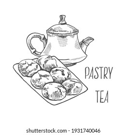 Hand drawn vector illustration of cookies, biscuits and teapot. Isolated pastry images for design, packaging, menu
