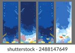 Hand drawn vector illustration of a coral reef. Set of vertical backgrounds in a blue palette colors for bookmarks, cards, invitation