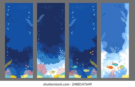 Hand drawn vector illustration of a coral reef. Set of vertical backgrounds in a blue palette colors for bookmarks, cards, invitation