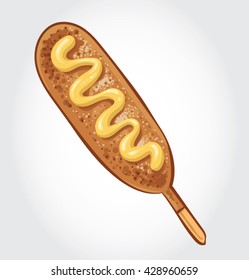 Hand drawn vector illustration of a Corn Dog on a stick with mustard.