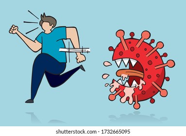 Hand drawn vector illustration of corona virus, covid-19. Man running away from virus on blue background.