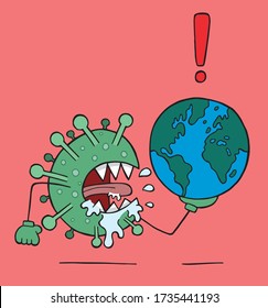 Hand drawn vector illustration of corona virus, covid-19. Virus monster is holding world globe.
