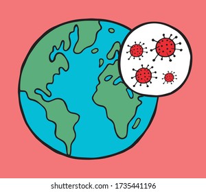Ilustración vectorial dibujada a mano del virus de la corona, covid-19. Mundo globo y virus.