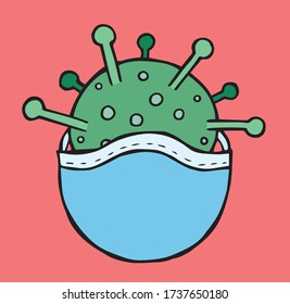 Handgezeichnete Vektorgrafik von Coronavirus, Covid-19. Virus und medizinische Maske.