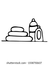 Hand drawn vector illustration 
with cosmetics, liquid soap and towels. Isolated on white background illustration with a hygienic theme for flyers, banners, booklets and other printed materials.