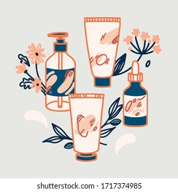 Hand drawn vector illustration cosmetics tubes and dropper bottle for oil. Boho illustration of natural make up collection for shop and salon with olives and flowers. Pastel colors