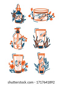 Tubos cosméticos de ilustración vectorial dibujados a mano y botella de cuentagotas para aceite. Ilustración boho de la colección de maquillaje natural para tienda y salón con aceitunas y flores. Conjunto de colores Pastel.