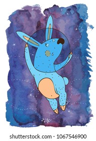 Hand Drawn Vector Illustration for Cosmonautics Day. Rabbit in space on a watercolor background