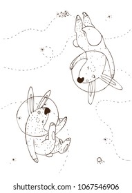 Hand Drawn Vector Illustration for Cosmonautics Day. Rabbits in space