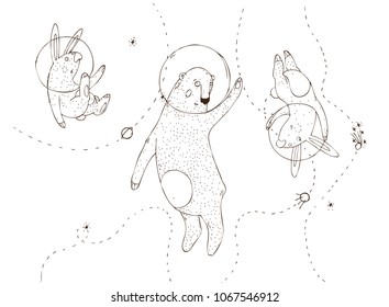Hand Drawn Vector Illustration for Cosmonautics Day. Bear and Rabbits in space