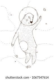 Hand Drawn Vector Illustration for Cosmonautics Day. Bear in space.