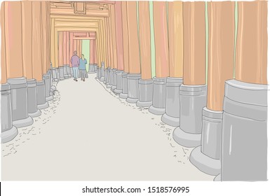Hand drawn vector illustration. A couple explores the beautiful, famous Fushimi Inari shrine in Kyoto, Japan.