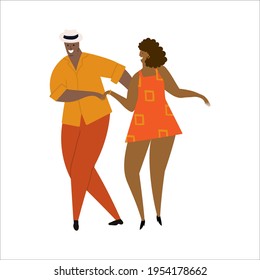 Hand drawn vector illustration of a couple dancing fun bachata, salsa, mambo, kizomba dance. Isolated on white background. Dance school, festival, party, carnaval, invitation concept.