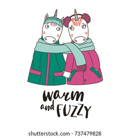Hand drawn vector illustration of a couple of cute funny unicorns in coats, holding hands and wrapped in one scarf. Isolated objects on white background. Design concept for kids.