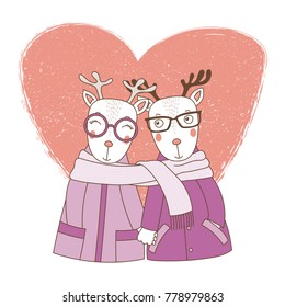 Hand drawn vector illustration of a couple of cute funny deers in coats, holding hands and wrapped in one scarf, with heart. Isolated objects on white background. Design concept kids, Valentines day