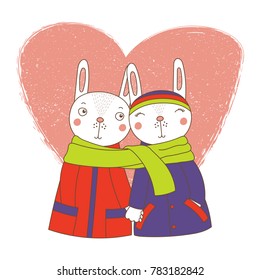 Hand drawn vector illustration of a couple of cute funny bunnies in coats, holding hands and wrapped in one scarf, with heart. Isolated objects on white background. Design concept kids, Valentines day