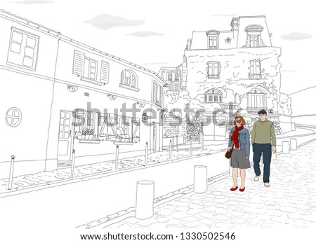 Hand drawn vector illustration. A couple wanders the beautiful back streets of Montmartre, Paris, on a lovely day.