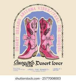 Hand drawn vector illustration. cowgirl boot, Western Boots, Boots Silhouette, Rodeo, Ranch, Ride Wild Cowgirl Slogan print t shirt. Pink cowgirl boots with ornament. Trendy phrase print, poster. 