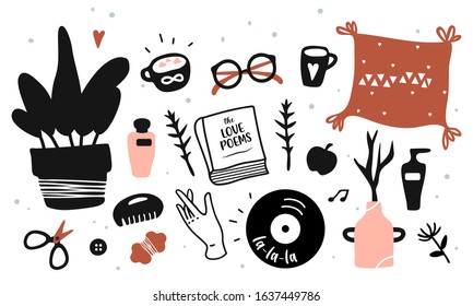 Hand drawn vector illustration of cozy home decor style. Pillow, plants, vynil record, romantic book, tea cup and handmade tool isolated clipart set. Print, card doodle design.