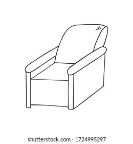 Hand drawn vector illustration of a cozy chair. Outline armchair isolated on white background. Line sign rest, work at home, comfort, education, stay home, interior. A cute piece of furniture.