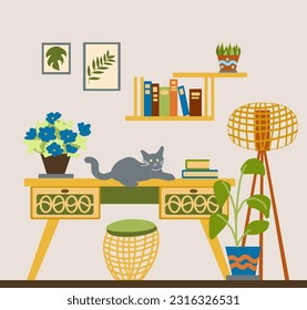 Hand- drawn Vector illustration of a cozy office with vintage furniture and a cat on the table. Hand Drawing in a flat cartoon doodle style.