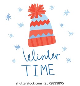 hand drawn vector illustration with cozy knitted red hat and winter time lettering