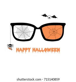 Hand drawn vector illustration of cracked glasses, spider web, spider holding candy hanging on a thread, flying eyes on bat wings, with text Happy Halloween. Isolated objects Design concept for kids.