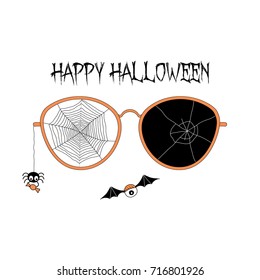 Hand drawn vector illustration of cracked glasses, spider web, spider holding candy hanging on a thread, flying eyes on bat wings, with text Happy Halloween. Isolated objects Design concept for kids.