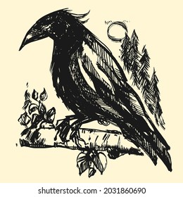 Hand drawn vector illustration with a craw. Graphic vintage design with raven.